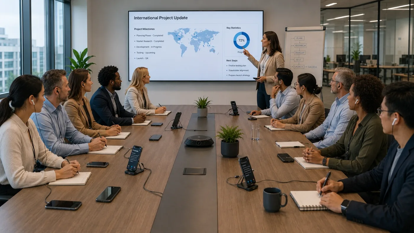 Internationale Gruppe im Meeting, jeder mit In-Ear und Smartphone — live übersetzt